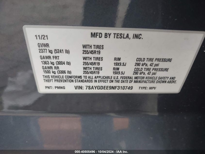 2022 Tesla Model Y Long Range Dual Motor All-Wheel Drive VIN: 7SAYGDEE9NF310749 Lot: 40505496