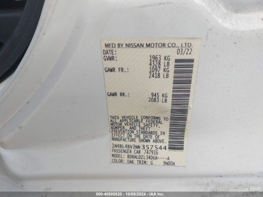 1N4BL4BV3NN357544 2022 Nissan Altima S