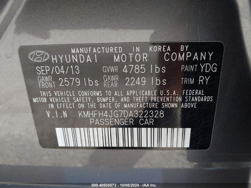 2013 Hyundai Azera VIN: KMHFH4JG7DA322328 Lot: 40505573