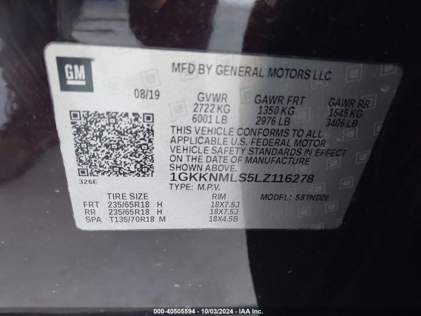 1GKKNMLS5LZ116278 2020 GMC Acadia Fwd Slt