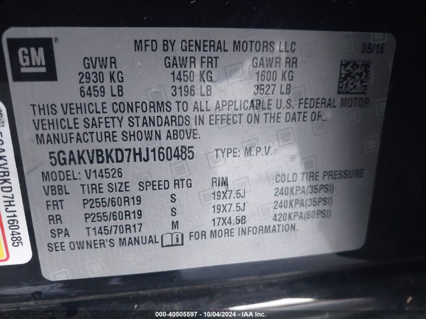 5GAKVBKD7HJ160485 2017 Buick Enclave Leather