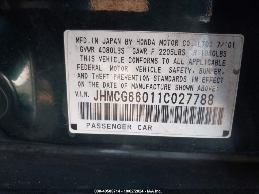 2001 Honda Accord 2.3 Ex VIN: JHMCG66011C0277H8 Lot: 40505714