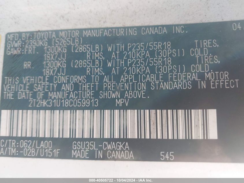 2T2HK31418C059913 2008 Lexus Rx5