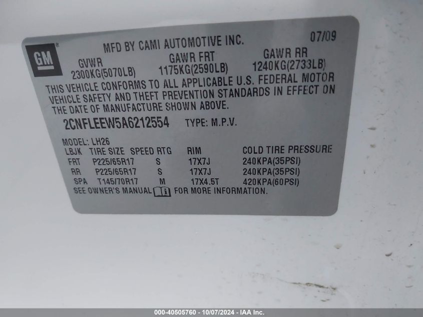 2CNFLEEW5A6212554 2010 Chevrolet Equinox Lt