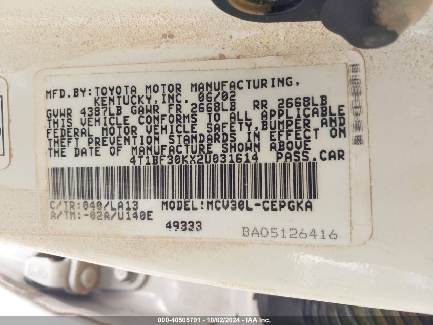 4T1BF30KX2U031614 2002 Toyota Camry Xle V6