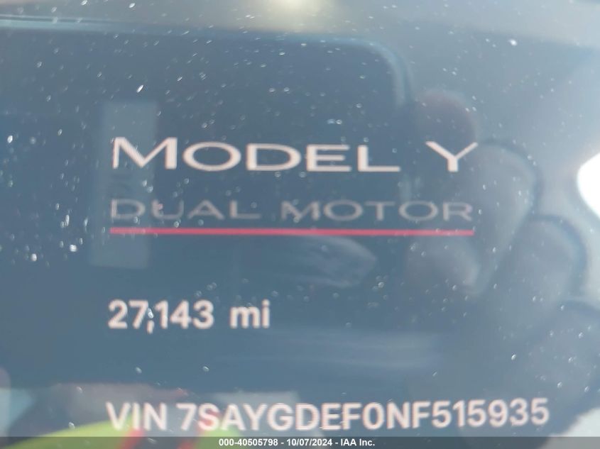 2022 Tesla Model Y VIN: 7SAYGDEF0NF515935 Lot: 40505798