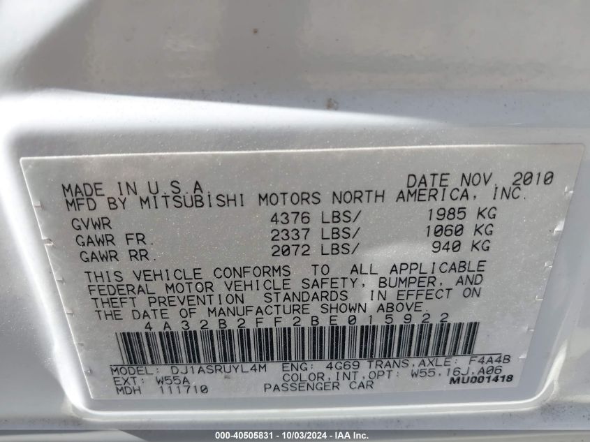 2011 Mitsubishi Galant Fe VIN: 4A32B2FF2BE015922 Lot: 40505831