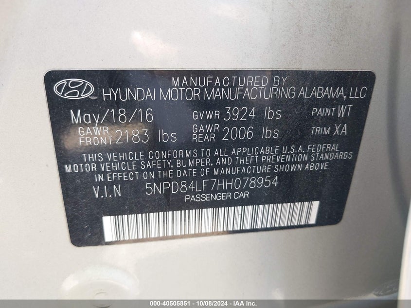 5NPD84LF7HH078954 2017 Hyundai Elantra Se