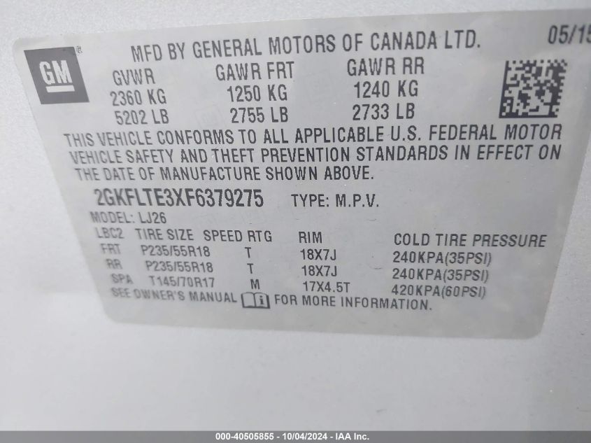 2GKFLTE3XF6379275 2015 GMC Terrain Slt-2