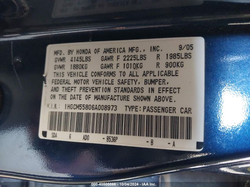 1HGCM55806A008973 2006 Honda Accord 2.4 Ex