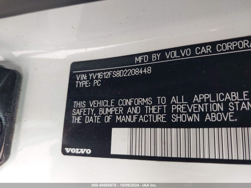 VIN YV1612FS8D2208448 2013 Volvo S60, T5 no.9