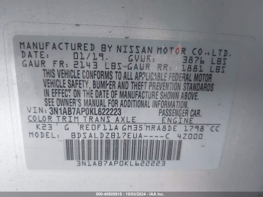 3N1AB7AP0KL622223 2019 Nissan Sentra Sv