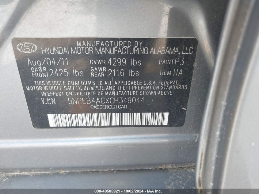 5NPEB4ACXCH349044 2012 Hyundai Sonata Gls