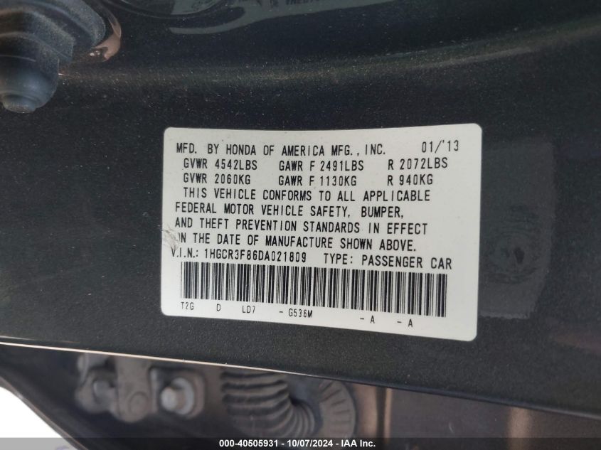 1HGCR3F86DA021809 2013 Honda Accord Ex-L V-6