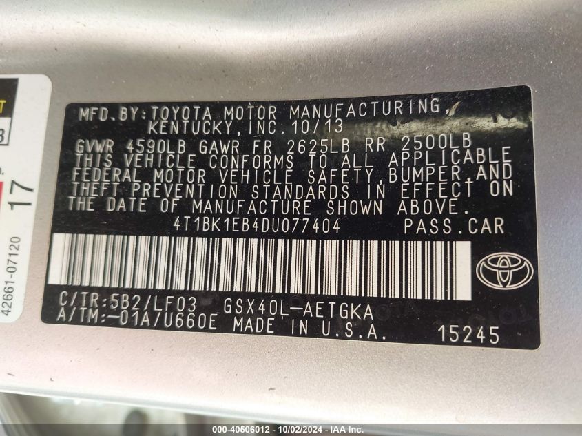 4T1BK1EB4DU077404 2013 Toyota Avalon Xle Premium