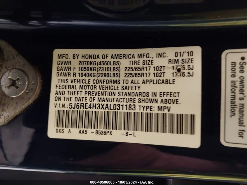 5J6RE4H3XAL031183 2010 Honda Cr-V Lx