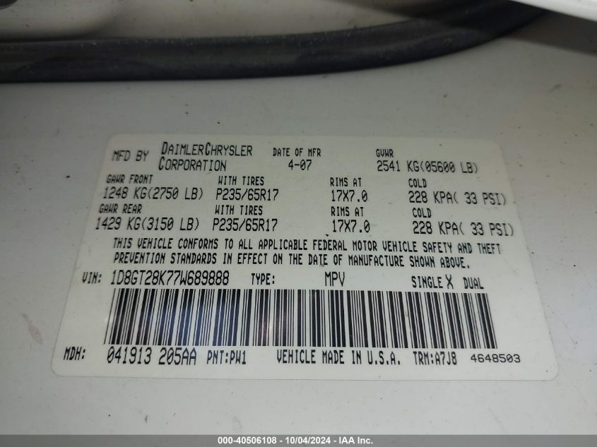 1D8GT28K77W689888 2007 Dodge Nitro Sxt