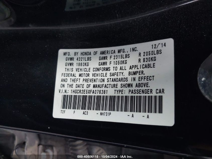 1HGCR2E5XFA076381 2015 Honda Accord Sport