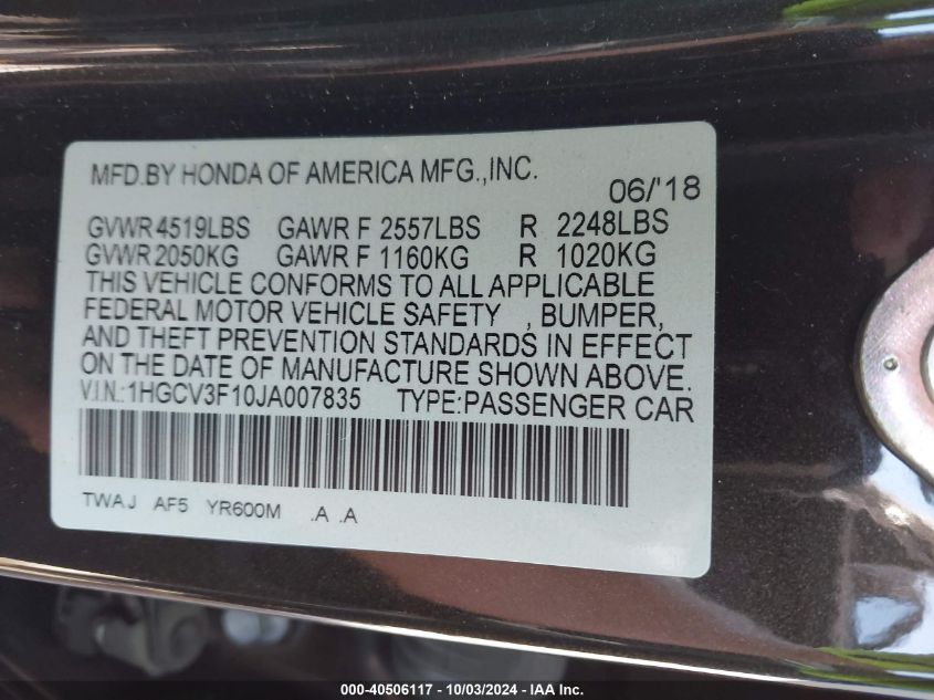 1HGCV3F10JA007835 2018 Honda Accord Hybrid