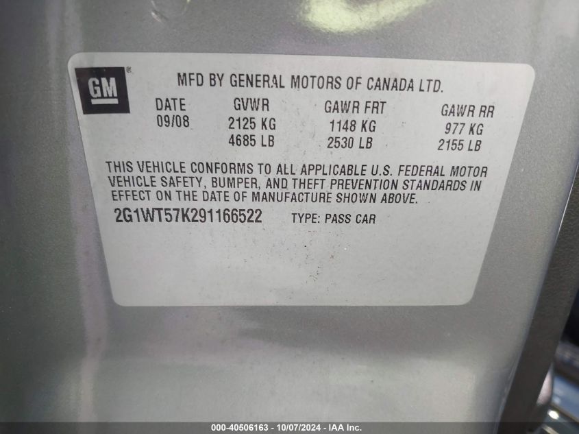 2G1WT57K291166522 2009 Chevrolet Impala 1Lt