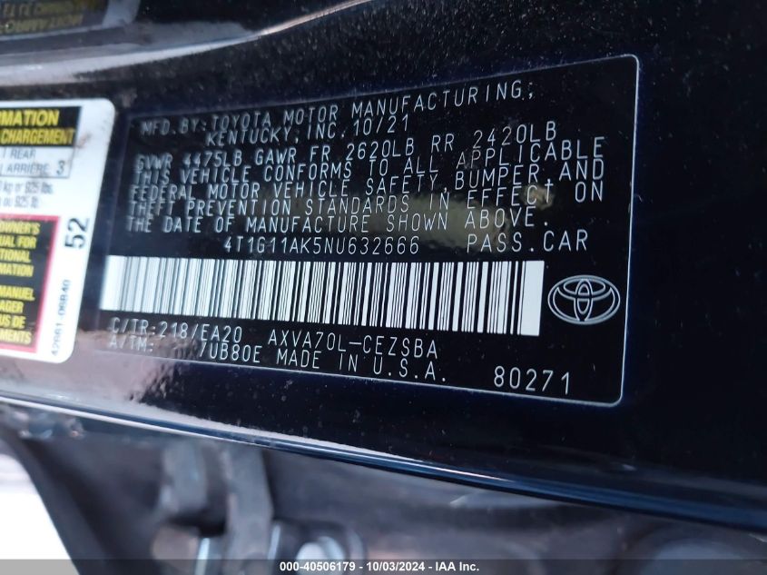 4T1G11AK5NU632666 2022 Toyota Camry Se