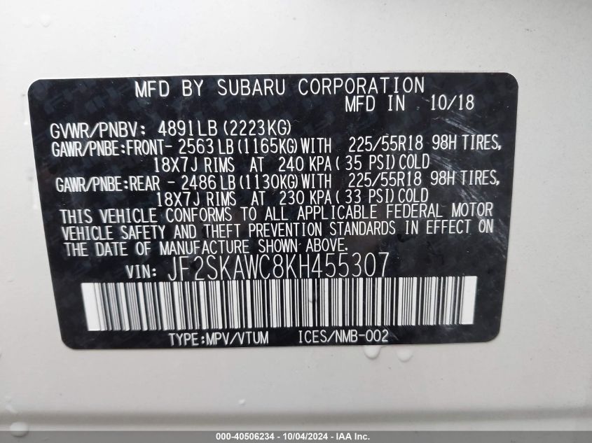 JF2SKAWC8KH455307 2019 Subaru Forester Touring