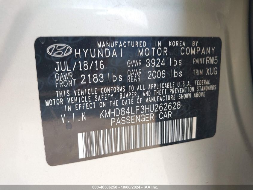 KMHD84LF3HU262628 2017 Hyundai Elantra Se/Value/Limited