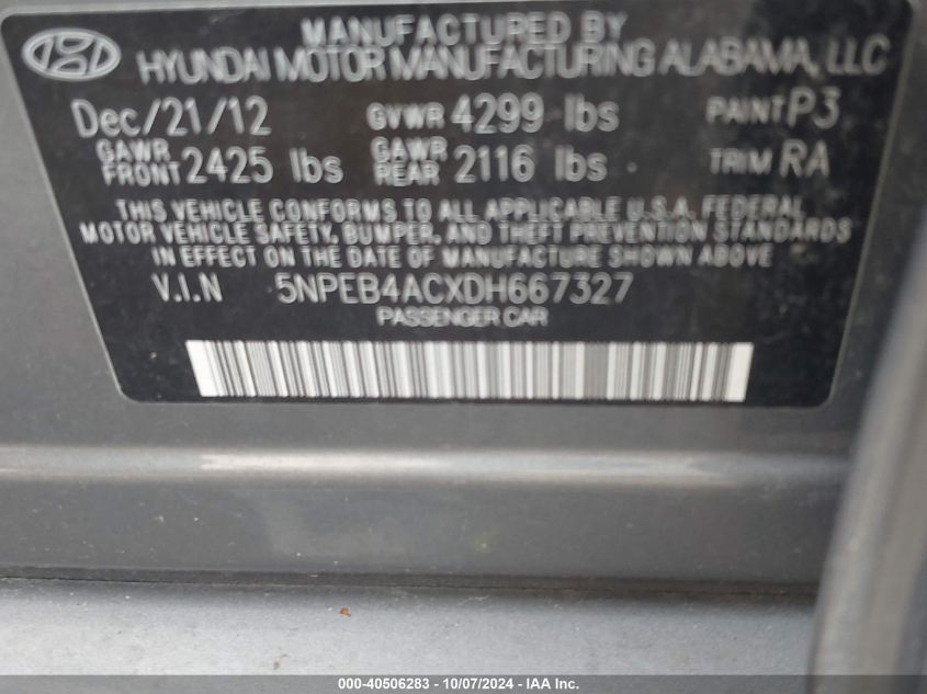 5NPEB4ACXDH667327 2013 Hyundai Sonata Gls