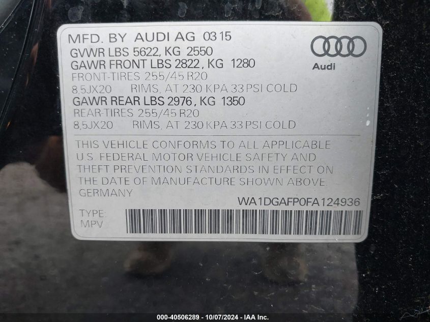 2015 Audi Q5 Premium Plus VIN: WA1DGAFP0FA124936 Lot: 40506289