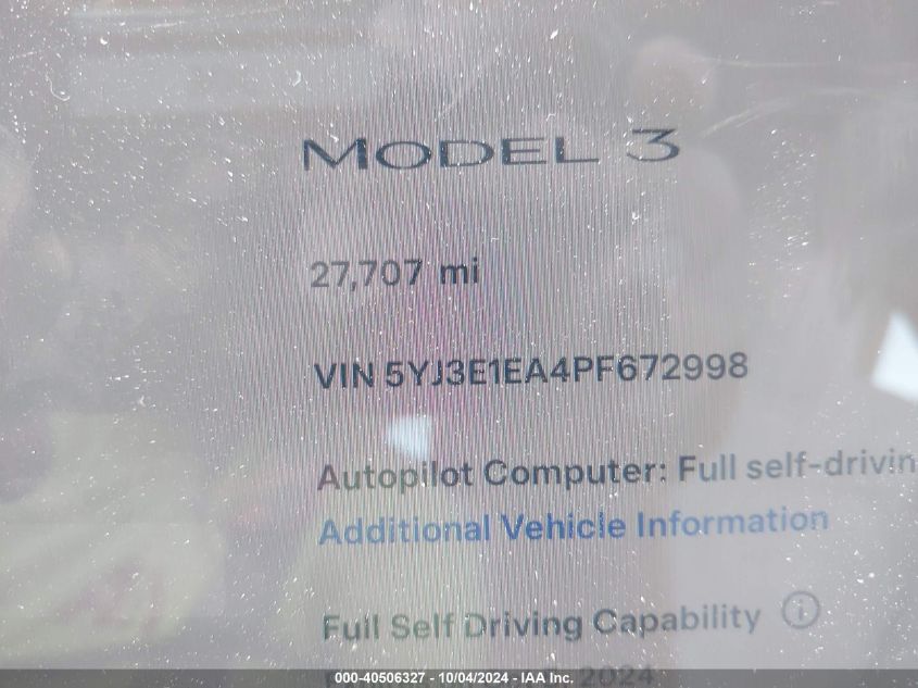 2023 Tesla Model 3 Rear-Wheel Drive VIN: 5YJ3E1EA4PF672998 Lot: 40506327