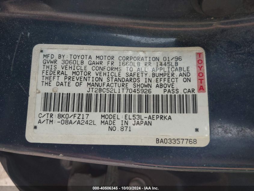 1996 Toyota Tercel Dx VIN: JT2BC52L1T7045926 Lot: 40506345