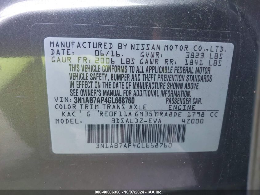 3N1AB7AP4GL668760 2016 Nissan Sentra S/Sv/Sr/Sl