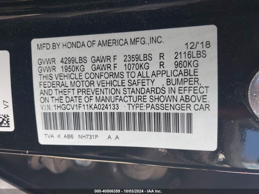 1HGCV1F11KA024133 2019 Honda Accord Lx