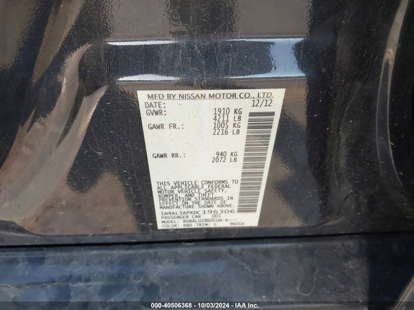 1N4AL3APXDC196306 2013 Nissan Altima 2.5 Sv