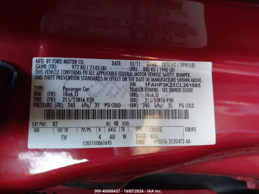 1FAHP3K2XCL261885 2012 Ford Focus Se