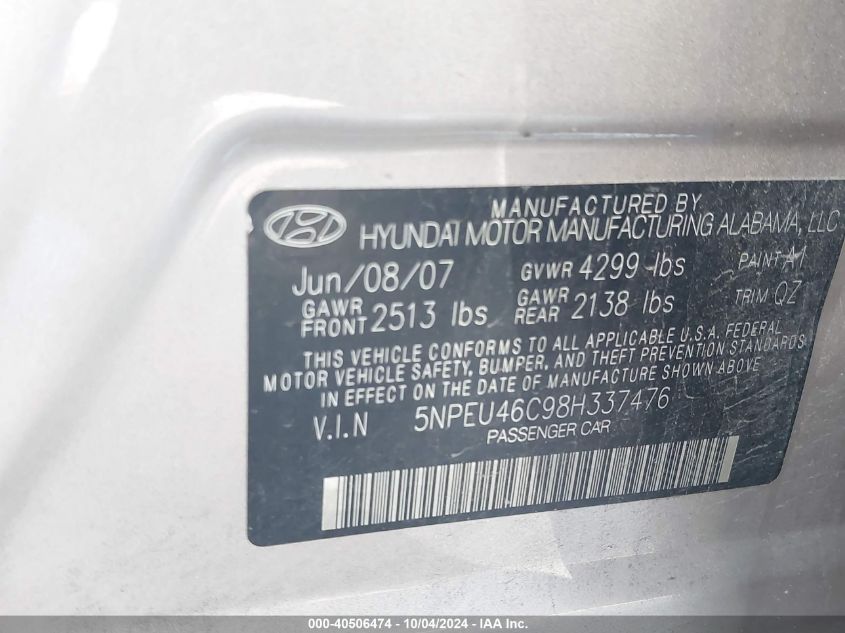 5NPEU46C98H337476 2008 Hyundai Sonata Limited/Se