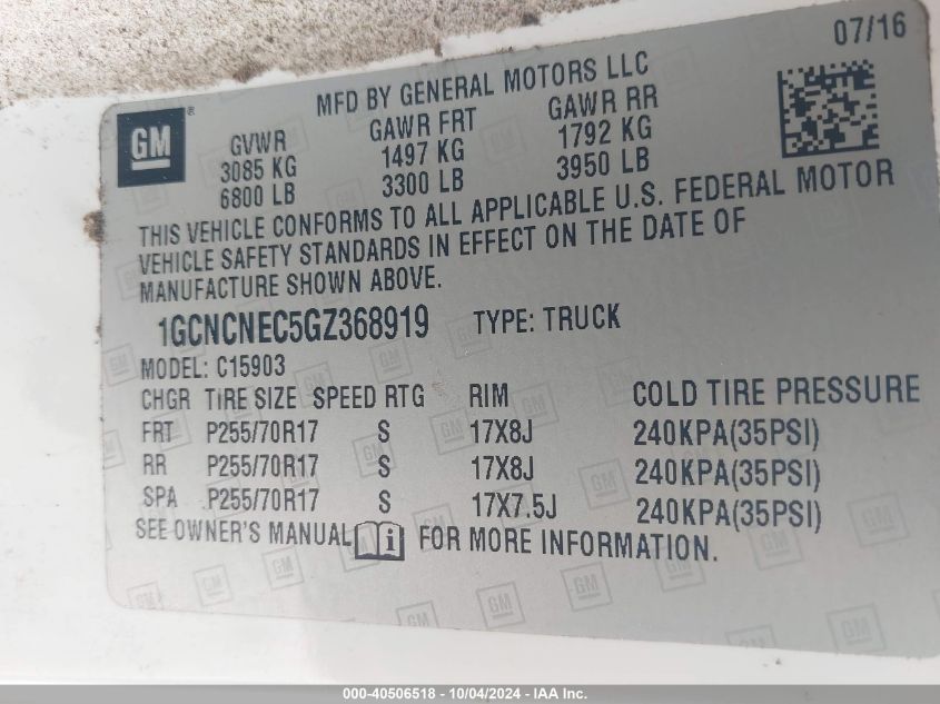 1GCNCNEC5GZ368919 2016 Chevrolet Silverado 1500 Wt