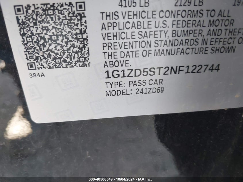 VIN 1G1ZD5ST2NF122744 2022 CHEVROLET MALIBU FWD LT