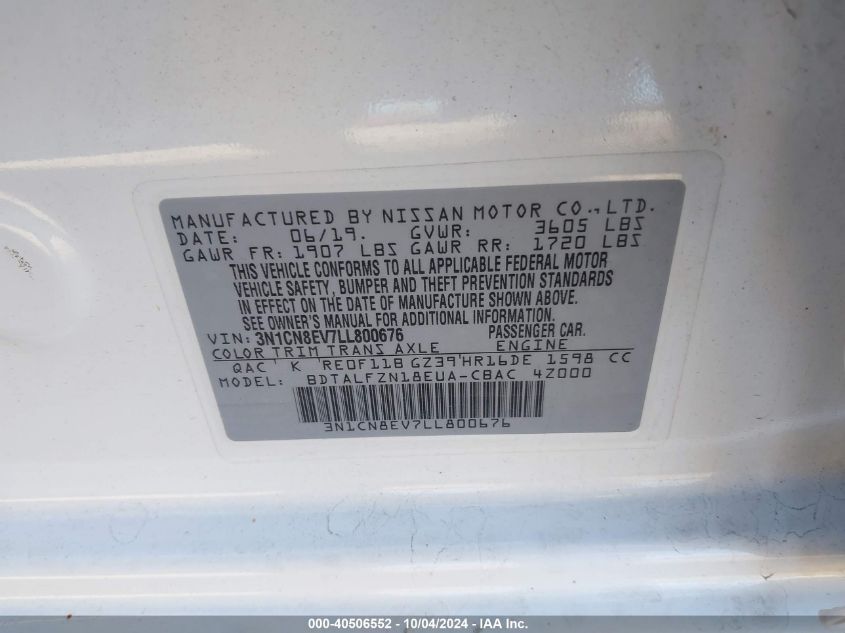 3N1CN8EV7LL800676 2020 Nissan Versa Sv Xtronic Cvt