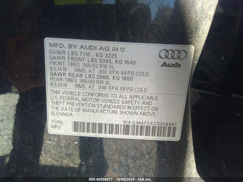 2012 Audi Q7 3.0 Tdi Premium VIN: WA1LMAFEXCD008897 Lot: 40506577