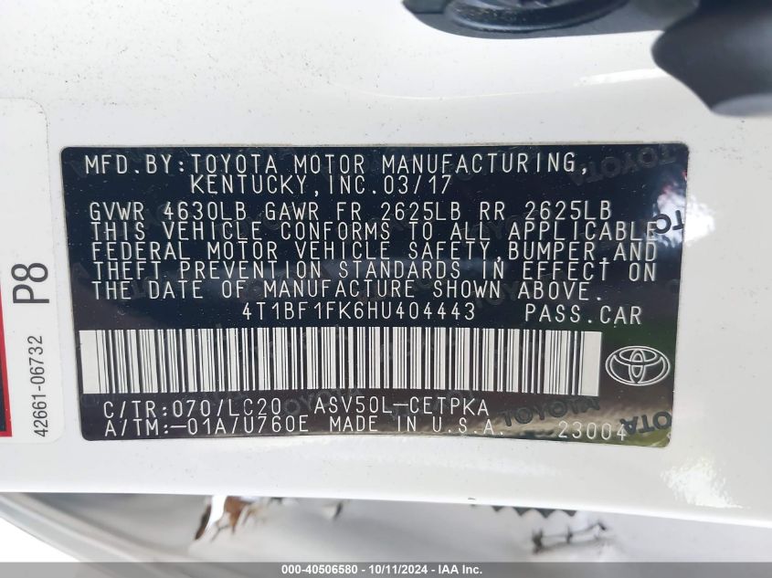 VIN 4T1BF1FK6HU404443 2017 Toyota Camry, Xse no.9