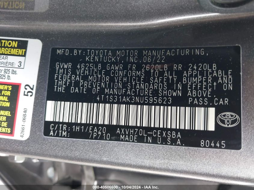 4T1S31AK3NU595623 2022 Toyota Camry Se Hybrid