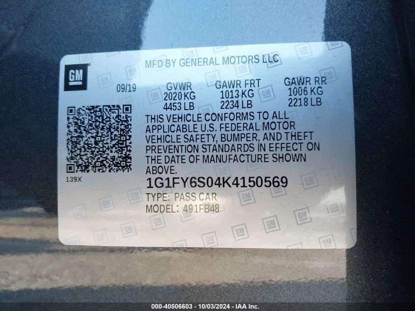 1G1FY6S04K4150569 2019 Chevrolet Bolt Ev Lt