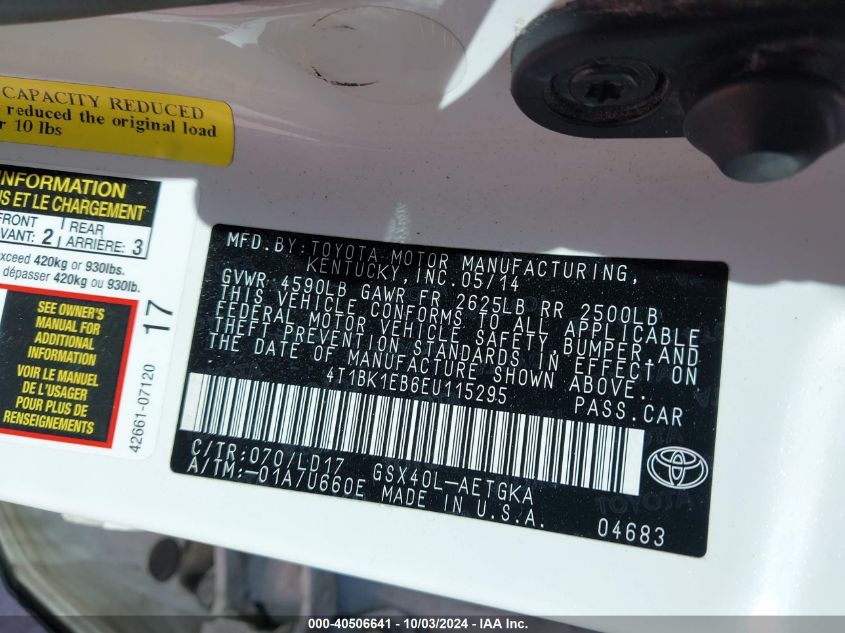 4T1BK1EB6EU115295 2014 Toyota Avalon Xle