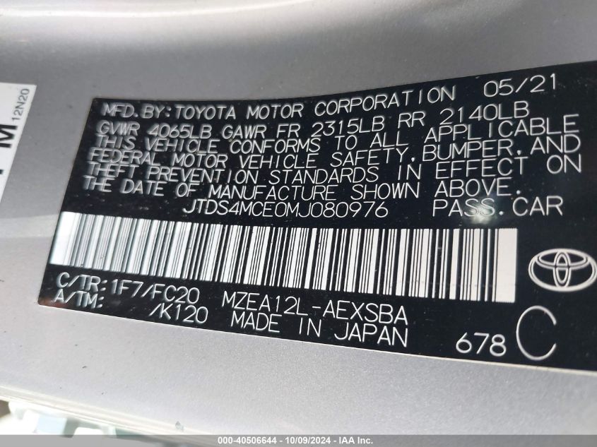 JTDS4MCE0MJ080976 2021 Toyota Corolla Se