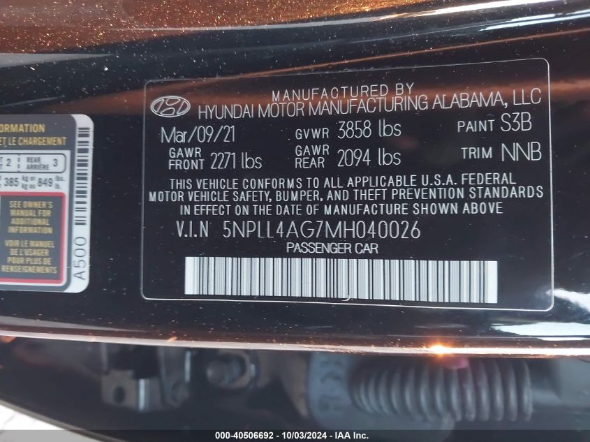 2021 Hyundai Elantra Se VIN: 5NPLL4AG7MH040026 Lot: 40506692