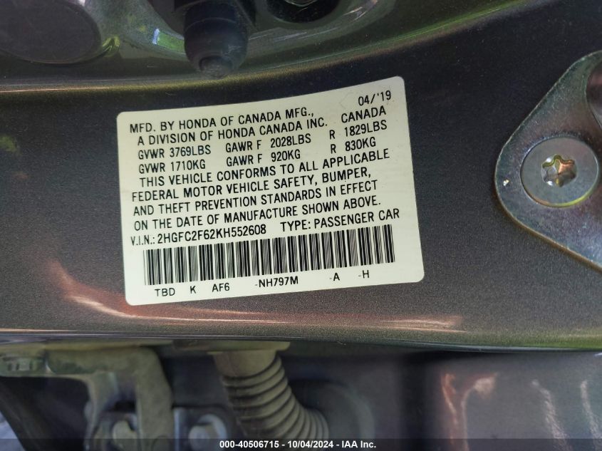 2HGFC2F62KH552608 2019 Honda Civic Lx