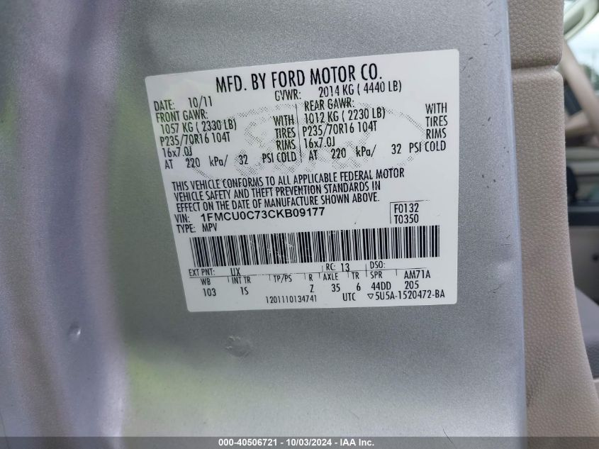 1FMCU0C73CKB09177 2012 Ford Escape Xls