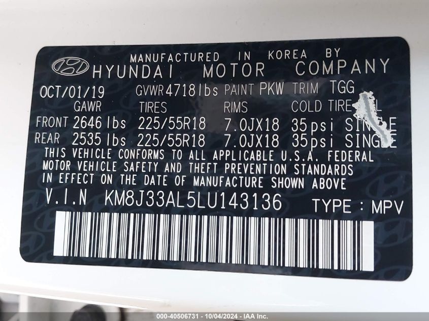 2020 Hyundai Tucson Sel VIN: KM8J33AL5LU143136 Lot: 40506731