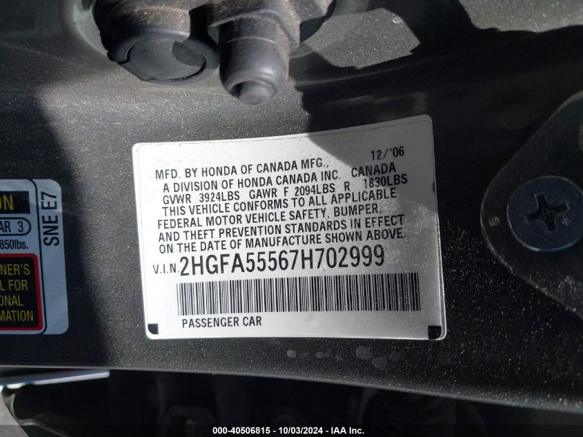 2HGFA55567H702999 2007 Honda Civic Si